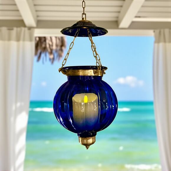 Vintage Cobalt Blue Hundi Glass Lantern-23'' Brass-Bell Pendant Hanging Light - Picture 6 of 13